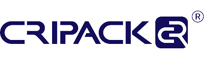 Logo de cripack. Consta de letras que forman la palabra CRIPACK. Al final de la palabra una letra C y una R que entrelazan, sobre un fondo azúl 